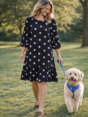Blu Pepper Polka Dot Textured Dress Black Puff Sleeve Shift S